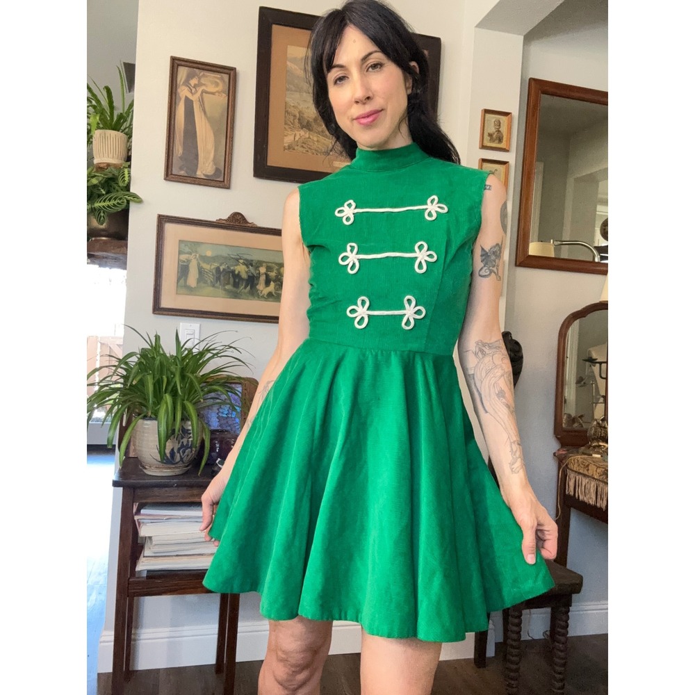 Vintage 50s 60s green corduroy dress Majorette uniform marching band baton xs